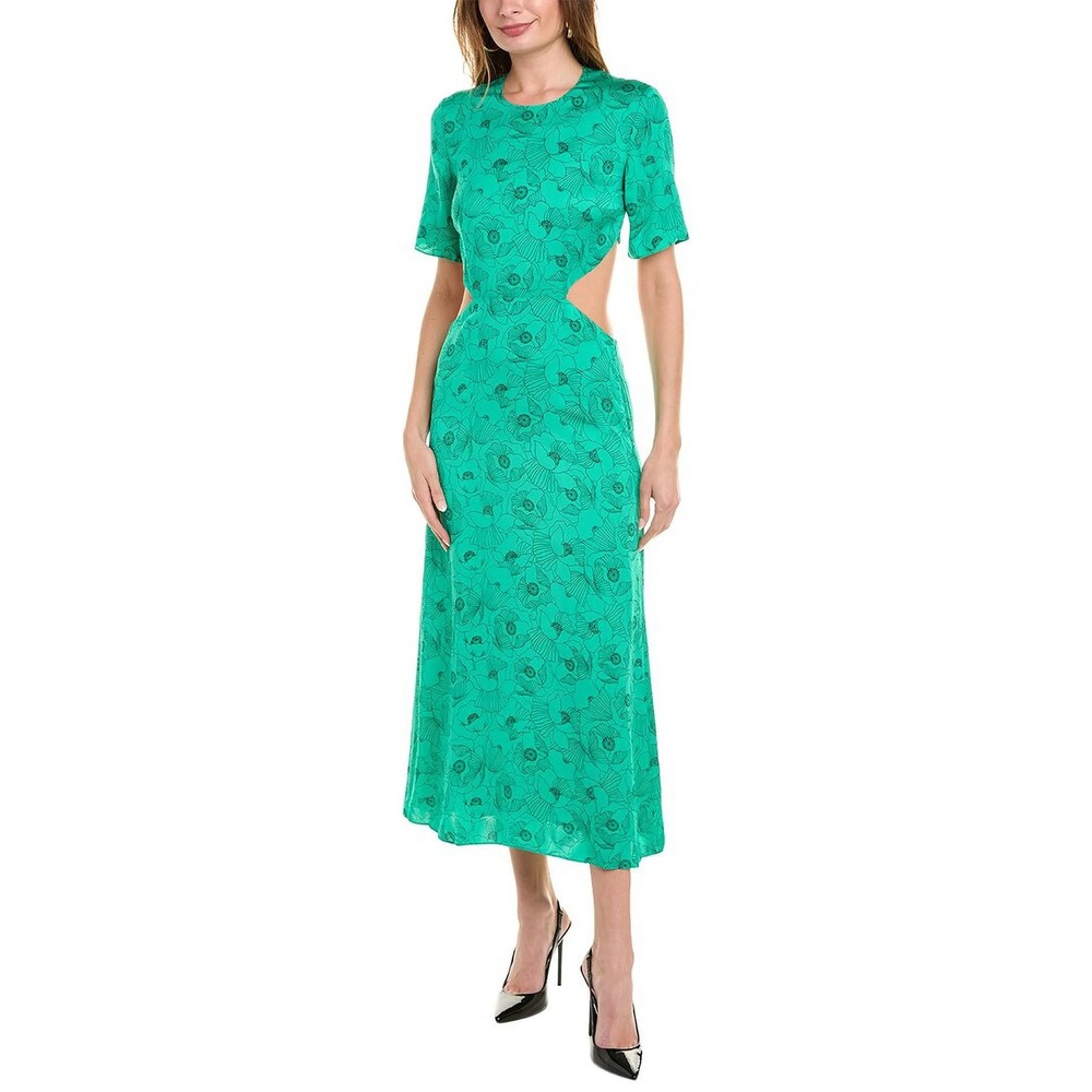 The Kooples Green Floral Cut-Out Midi Dress Short Sleeve Poppy Print FROB26229K‎